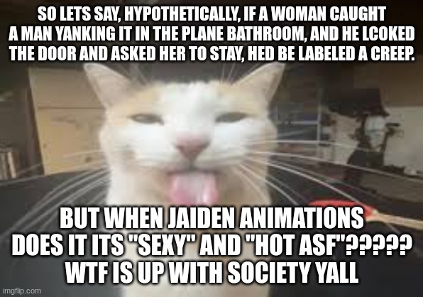 Cat | SO LETS SAY, HYPOTHETICALLY, IF A WOMAN CAUGHT A MAN YANKING IT IN THE PLANE BATHROOM, AND HE LCOKED THE DOOR AND ASKED HER TO STAY, HED BE LABELED A CREEP. BUT WHEN JAIDEN ANIMATIONS DOES IT ITS "SEXY" AND "HOT ASF"?????
WTF IS UP WITH SOCIETY YALL | image tagged in cat | made w/ Imgflip meme maker