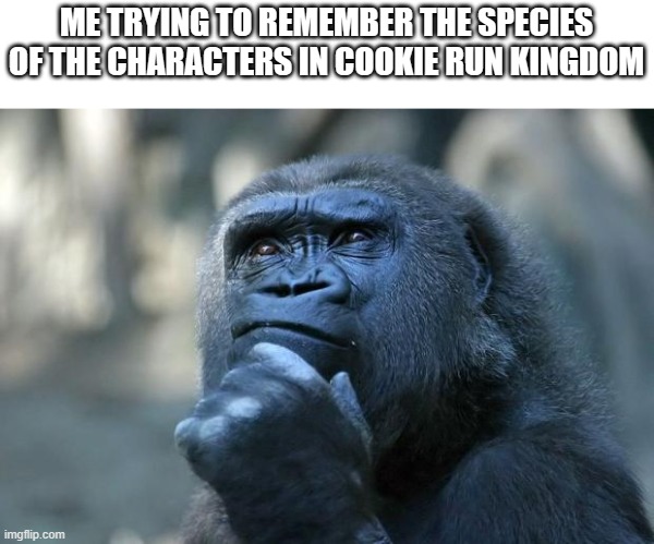 I wonder... | ME TRYING TO REMEMBER THE SPECIES OF THE CHARACTERS IN COOKIE RUN KINGDOM | image tagged in deep thoughts,cookie run kingdom | made w/ Imgflip meme maker