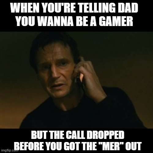 Misunderstanding, is all | WHEN YOU'RE TELLING DAD
YOU WANNA BE A GAMER; BUT THE CALL DROPPED BEFORE YOU GOT THE "MER" OUT | image tagged in memes,liam neeson taken,misheard | made w/ Imgflip meme maker