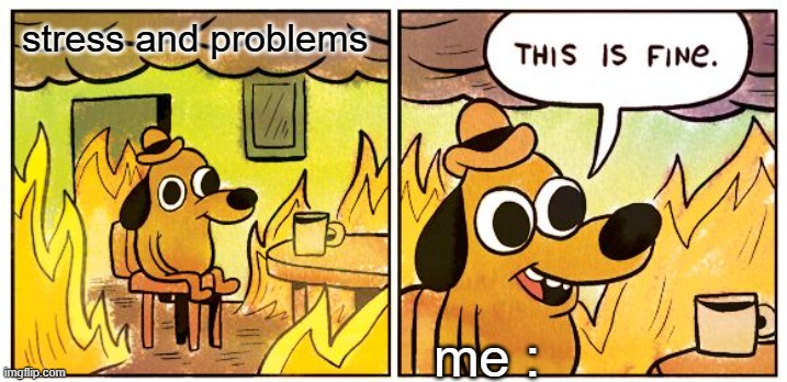 This Is Fine | stress and problems; me : | image tagged in memes,this is fine | made w/ Imgflip meme maker