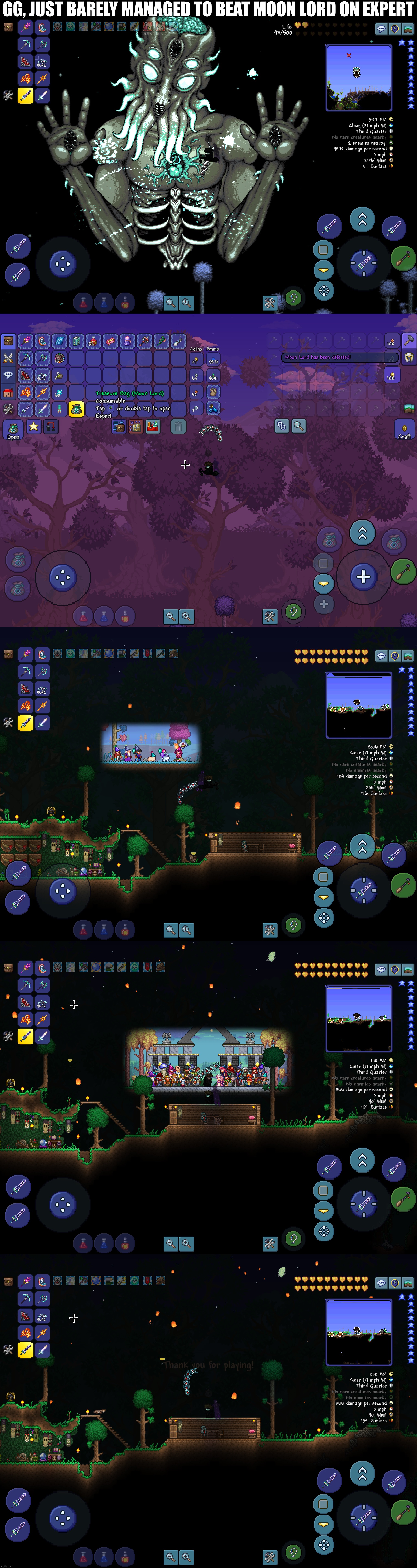 so yeah, master mode ML is out of the question this way, but still, gg wp | GG, JUST BARELY MANAGED TO BEAT MOON LORD ON EXPERT | image tagged in terraria,gg,gg wp | made w/ Imgflip meme maker