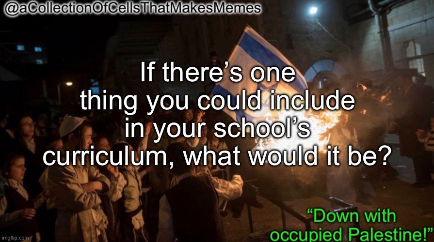 I’d make everyone learn about the Nakba | If there’s one thing you could include in your school’s curriculum, what would it be? | image tagged in acollectionofcellsthatmakesmemes announcement template | made w/ Imgflip meme maker