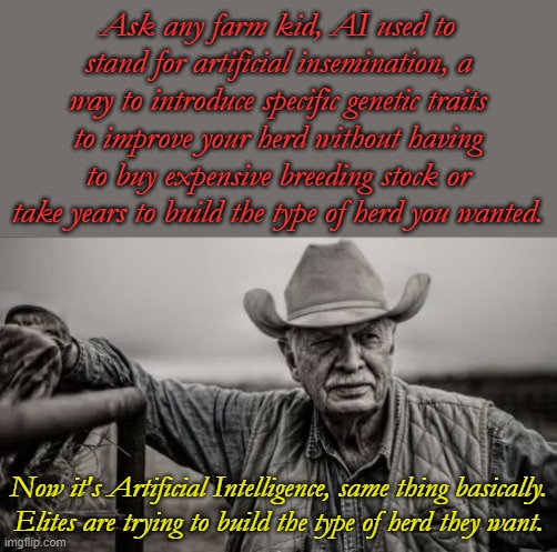 Everytime I read about AI I know we're really just about to get it... | Ask any farm kid, AI used to stand for artificial insemination, a way to introduce specific genetic traits to improve your herd without having to buy expensive breeding stock or take years to build the type of herd you wanted. Now it's Artificial Intelligence, same thing basically. Elites are trying to build the type of herd they want. | image tagged in memes,so god made a farmer | made w/ Imgflip meme maker