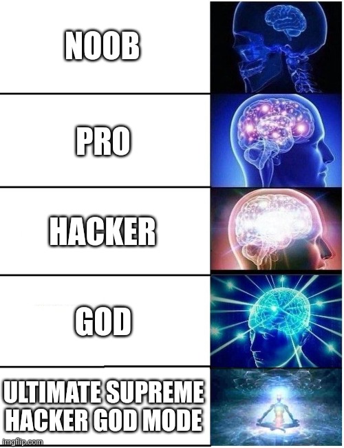 me in five stages of playing my Xbox | NOOB; PRO; HACKER; GOD; ULTIMATE SUPREME HACKER GOD MODE | image tagged in expanding brain 5 panel | made w/ Imgflip meme maker