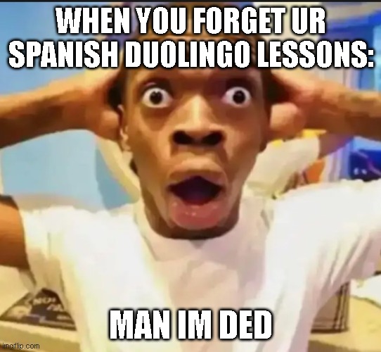 Duo's coming to ur house | WHEN YOU FORGET UR SPANISH DUOLINGO LESSONS:; MAN IM DED | image tagged in surprised black guy | made w/ Imgflip meme maker