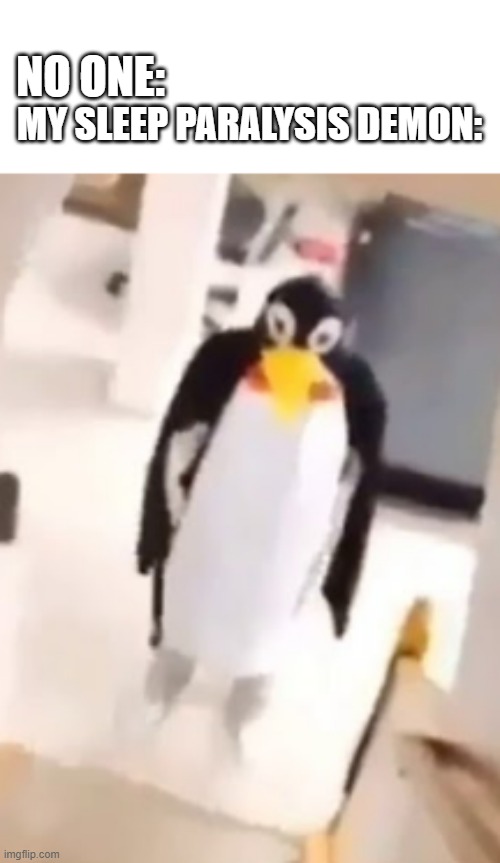 penguin | MY SLEEP PARALYSIS DEMON:; NO ONE: | image tagged in funny memes | made w/ Imgflip meme maker
