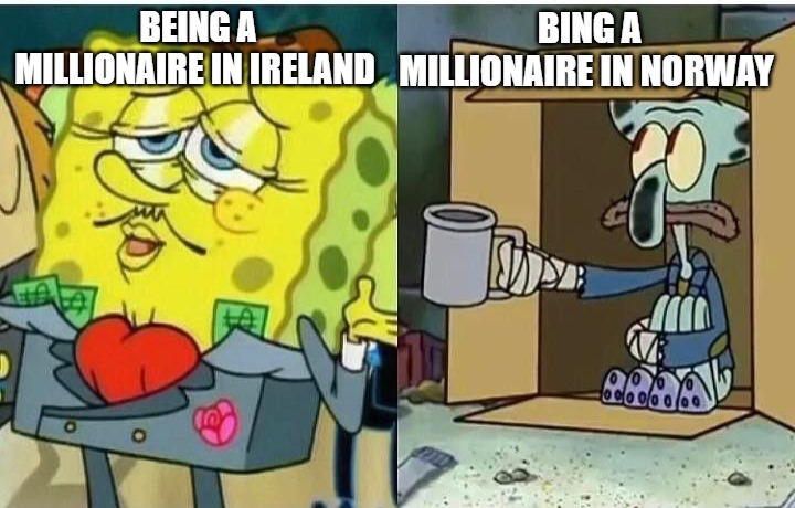 inflation is bad | BING A MILLIONAIRE IN NORWAY; BEING A MILLIONAIRE IN IRELAND | image tagged in spongebag rich vs poor,norway,inflation,economy | made w/ Imgflip meme maker