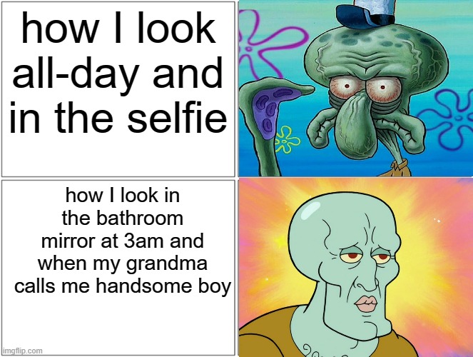 "handsome boy" | how I look all-day and in the selfie; how I look in the bathroom mirror at 3am and when my grandma calls me handsome boy | image tagged in memes,blank comic panel 2x2 | made w/ Imgflip meme maker