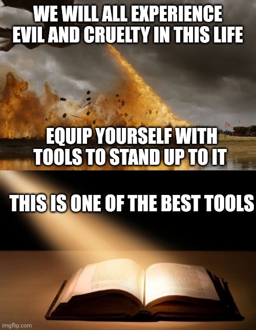 WE WILL ALL EXPERIENCE EVIL AND CRUELTY IN THIS LIFE; EQUIP YOURSELF WITH TOOLS TO STAND UP TO IT; THIS IS ONE OF THE BEST TOOLS | image tagged in game of thrones dragon oh yeah,bible | made w/ Imgflip meme maker