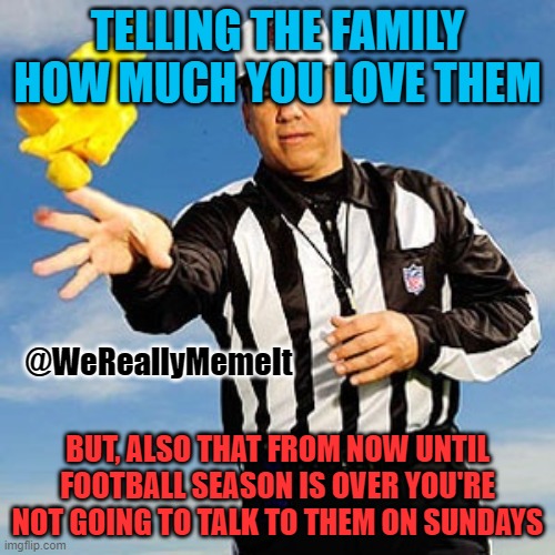 Nfl Ref flag | TELLING THE FAMILY HOW MUCH YOU LOVE THEM; @WeReallyMemeIt; BUT, ALSO THAT FROM NOW UNTIL FOOTBALL SEASON IS OVER YOU'RE NOT GOING TO TALK TO THEM ON SUNDAYS | image tagged in nfl ref flag | made w/ Imgflip meme maker