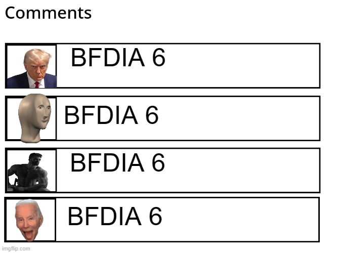 FlipBook comments | BFDIA 6; BFDIA 6; BFDIA 6; BFDIA 6 | image tagged in flipbook comments | made w/ Imgflip meme maker