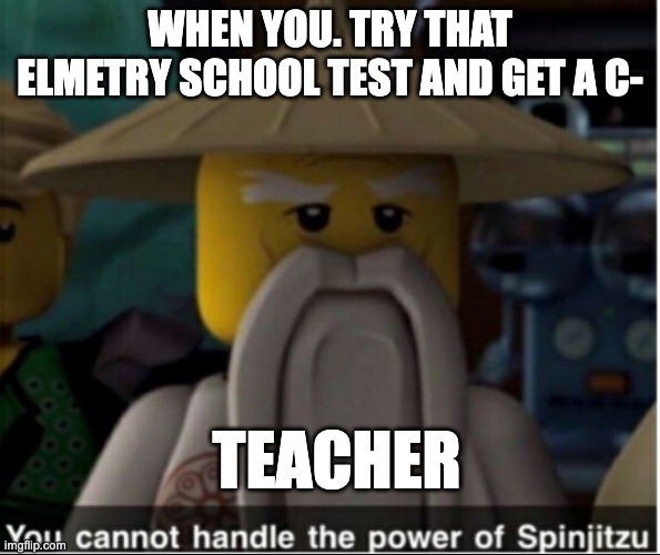 You cannot handle the power of Spinjitzu | WHEN YOU. TRY THAT ELMETRY SCHOOL TEST AND GET A C-; TEACHER | image tagged in you cannot handle the power of spinjitzu | made w/ Imgflip meme maker