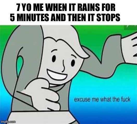 Have any of you guys seen this happen | 7 YO ME WHEN IT RAINS FOR 5 MINUTES AND THEN IT STOPS | image tagged in excuse me what the fu- | made w/ Imgflip meme maker