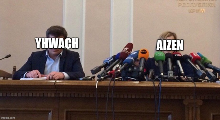 Man and woman microphone | YHWACH; AIZEN | image tagged in man and woman microphone | made w/ Imgflip meme maker