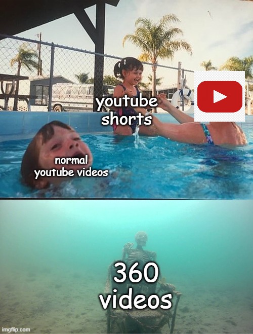 youtube be like : | youtube shorts; normal youtube videos; 360 videos | image tagged in mother ignoring kid drowning in a pool | made w/ Imgflip meme maker