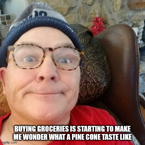 Durl Earl | BUYING GROCERIES IS STARTING TO MAKE ME WONDER WHAT A PINE CONE TASTE LIKE | image tagged in durl earl | made w/ Imgflip meme maker