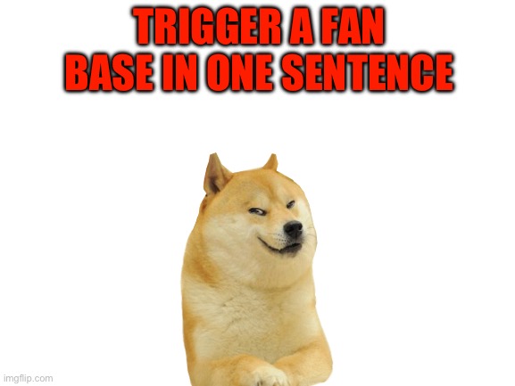 Hehe | TRIGGER A FAN BASE IN ONE SENTENCE | image tagged in blank white template | made w/ Imgflip meme maker