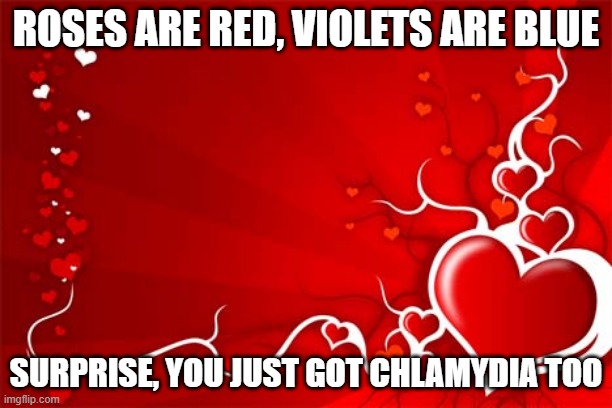 Surprise Gift | ROSES ARE RED, VIOLETS ARE BLUE; SURPRISE, YOU JUST GOT CHLAMYDIA TOO | image tagged in valentine | made w/ Imgflip meme maker