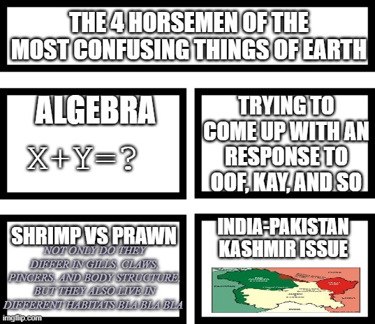 4 Horsemen of | THE 4 HORSEMEN OF THE MOST CONFUSING THINGS OF EARTH; ALGEBRA; TRYING TO COME UP WITH AN RESPONSE TO OOF, KAY, AND SO; X+Y=? SHRIMP VS PRAWN; INDIA-PAKISTAN KASHMIR ISSUE; NOT ONLY DO THEY DIFFER IN GILLS, CLAWS, PINCERS, AND BODY STRUCTURE, BUT THEY ALSO LIVE IN DIFFERENT HABITATS BLA BLA BLA | image tagged in 4 horsemen of | made w/ Imgflip meme maker