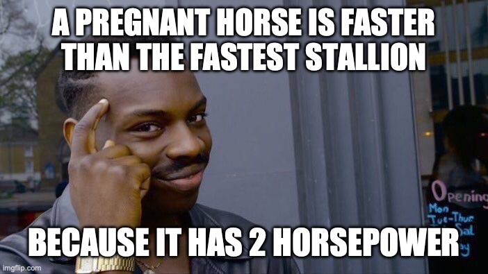 Think about it ....... | A PREGNANT HORSE IS FASTER THAN THE FASTEST STALLION; BECAUSE IT HAS 2 HORSEPOWER | image tagged in memes,roll safe think about it,horses,wow | made w/ Imgflip meme maker