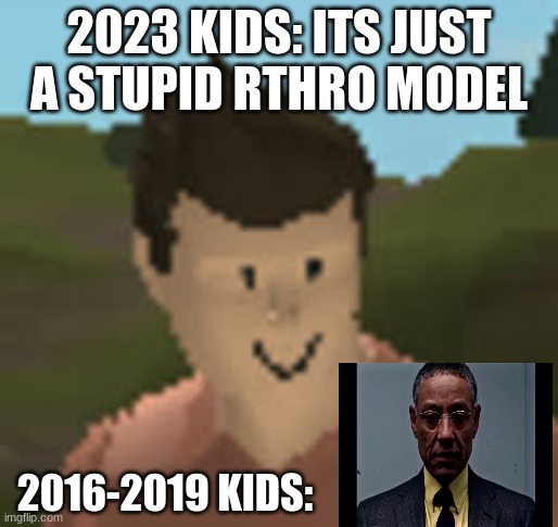 anthro man.. who remembers it | 2023 KIDS: ITS JUST A STUPID RTHRO MODEL; 2016-2019 KIDS: | image tagged in roblox anthro | made w/ Imgflip meme maker