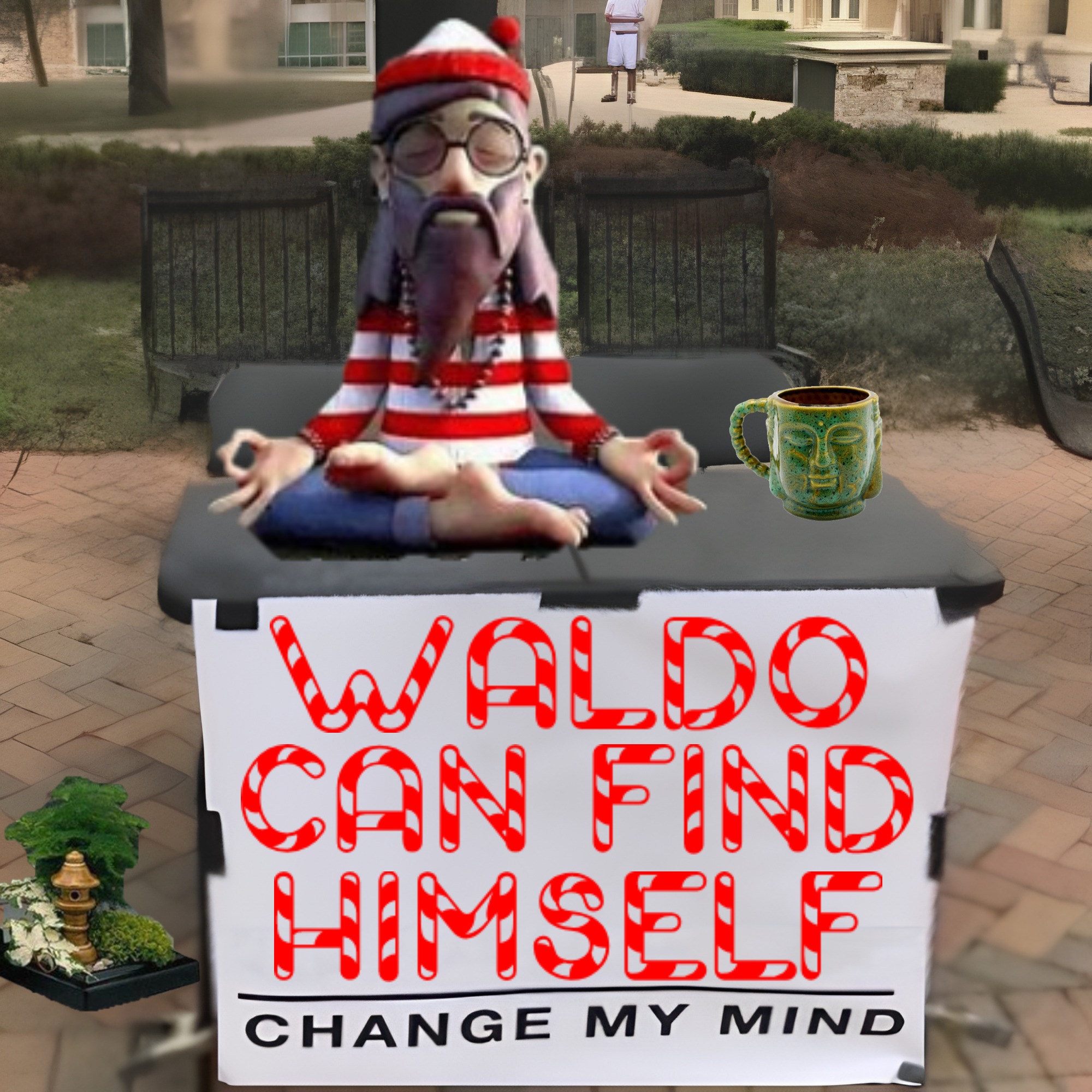 WALDO CAN FIND HIMSELF | image tagged in waldo shoots the change my mind guy,where's waldo,waldo | made w/ Imgflip meme maker