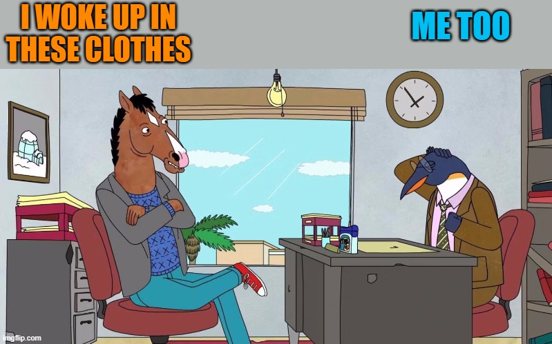 huh? | ME TOO; I WOKE UP IN THESE CLOTHES | image tagged in horse | made w/ Imgflip meme maker