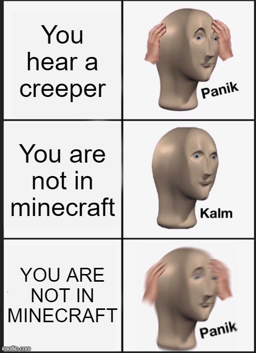 Panik Kalm Panik Meme | You hear a creeper; You are not in minecraft; YOU ARE NOT IN MINECRAFT | image tagged in memes,panik kalm panik | made w/ Imgflip meme maker