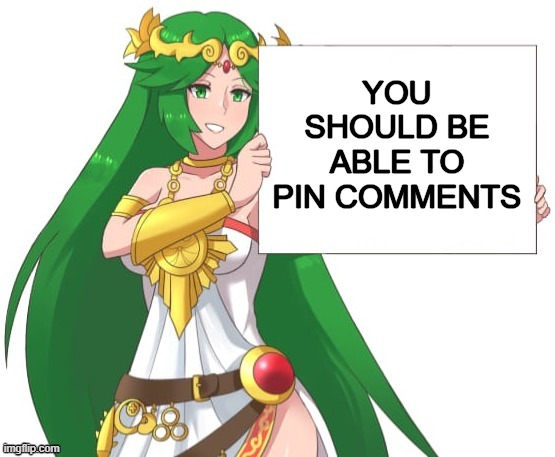 Palutena holding a sign | YOU SHOULD BE ABLE TO PIN COMMENTS | image tagged in palutena holding a sign | made w/ Imgflip meme maker