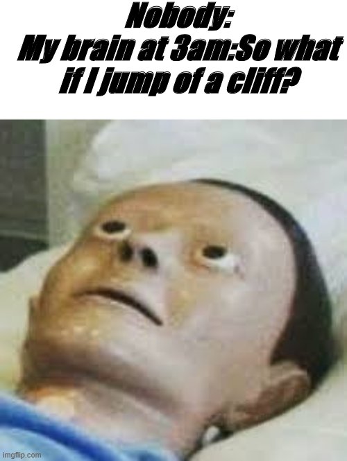 -.- | Nobody:
My brain at 3am:So what if I jump of a cliff? | image tagged in traumatized mannequin,cliff,weird,stop reading the tags | made w/ Imgflip meme maker