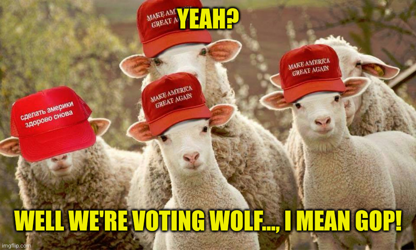 Trump MAGA hats sheep Russian | YEAH? WELL WE'RE VOTING WOLF..., I MEAN GOP! | image tagged in trump maga hats sheep russian | made w/ Imgflip meme maker