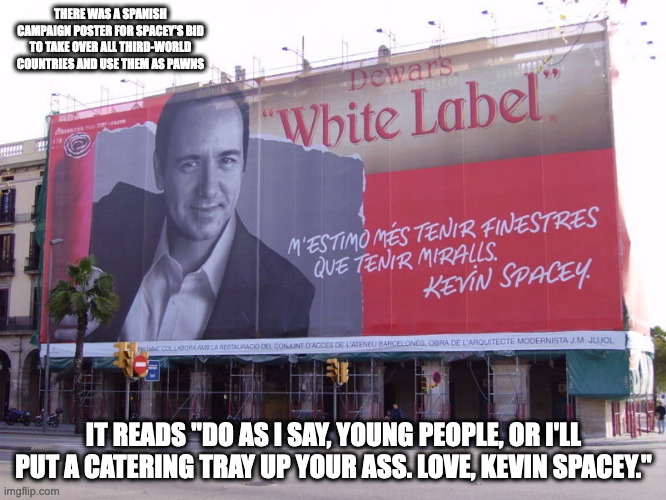 Kevin Spacey Advertising in Barcelona | THERE WAS A SPANISH CAMPAIGN POSTER FOR SPACEY'S BID TO TAKE OVER ALL THIRD-WORLD COUNTRIES AND USE THEM AS PAWNS; IT READS "DO AS I SAY, YOUNG PEOPLE, OR I'LL PUT A CATERING TRAY UP YOUR ASS. LOVE, KEVIN SPACEY." | image tagged in kevin spacey,memes | made w/ Imgflip meme maker
