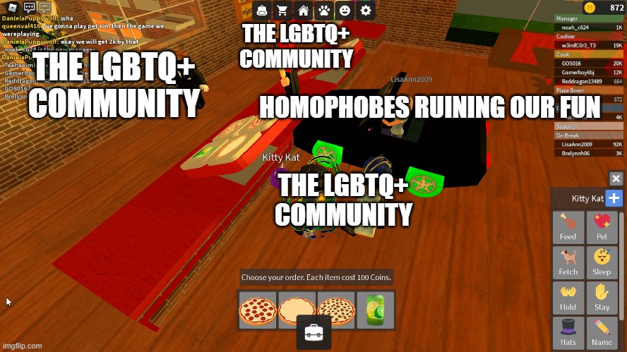 car in pizza place | THE LGBTQ+ COMMUNITY; THE LGBTQ+ COMMUNITY; HOMOPHOBES RUINING OUR FUN; THE LGBTQ+ COMMUNITY | image tagged in car in pizza place | made w/ Imgflip meme maker