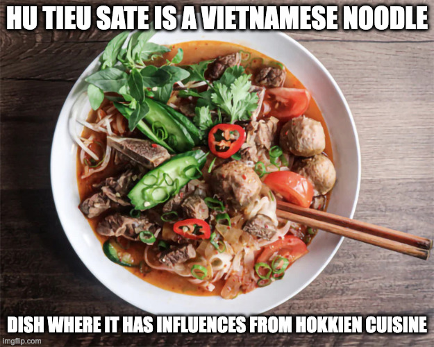 Hu Tieu Sate | HU TIEU SATE IS A VIETNAMESE NOODLE; DISH WHERE IT HAS INFLUENCES FROM HOKKIEN CUISINE | image tagged in food,noodle,memes | made w/ Imgflip meme maker