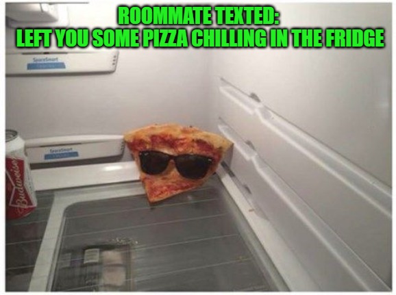 Left you some pizza chilling in the fridge | ROOMMATE TEXTED:
 LEFT YOU SOME PIZZA CHILLING IN THE FRIDGE | image tagged in pizza,chilling,fridge | made w/ Imgflip meme maker