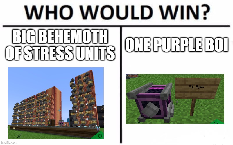 Who Knows What Mod These Are From? | BIG BEHEMOTH OF STRESS UNITS; ONE PURPLE BOI | image tagged in memes,who would win,modded minecraft | made w/ Imgflip meme maker