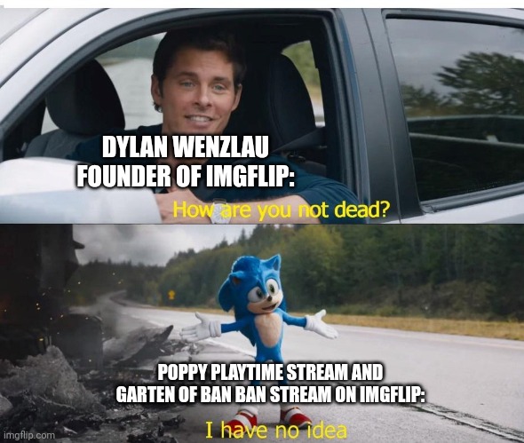 sonic how are you not dead | DYLAN WENZLAU FOUNDER OF IMGFLIP:; POPPY PLAYTIME STREAM AND GARTEN OF BAN BAN STREAM ON IMGFLIP: | image tagged in sonic how are you not dead | made w/ Imgflip meme maker