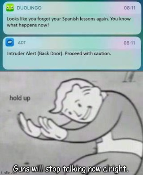 Guns will stop talking now alright. | image tagged in duolingo text message,fallout hold up | made w/ Imgflip meme maker