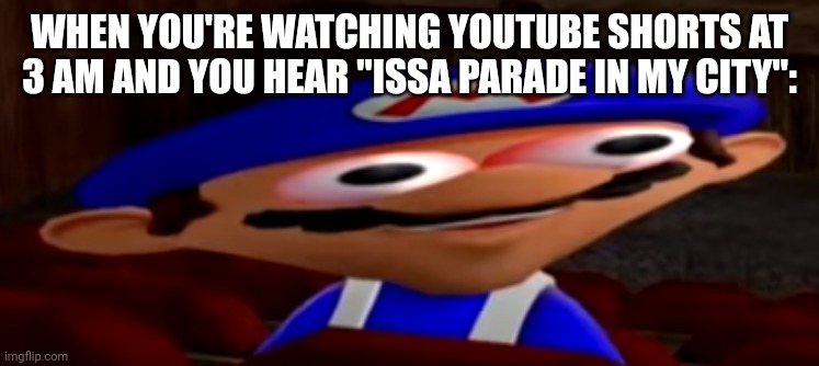 smg4 stare | WHEN YOU'RE WATCHING YOUTUBE SHORTS AT 3 AM AND YOU HEAR "ISSA PARADE IN MY CITY": | image tagged in smg4 stare | made w/ Imgflip meme maker