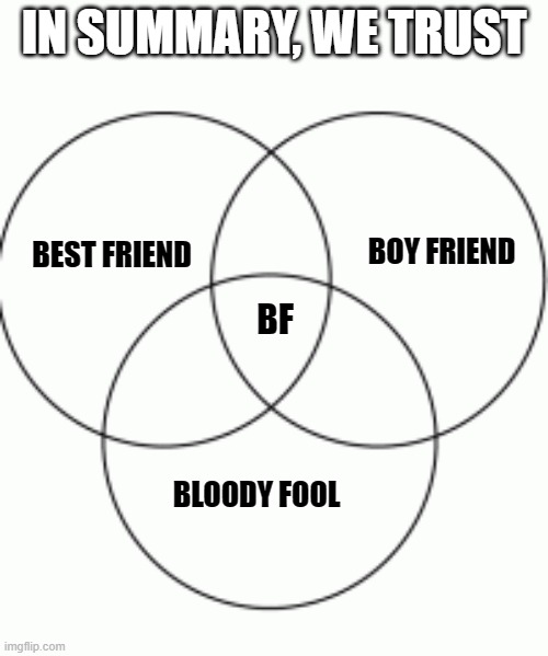what a cute cusp | IN SUMMARY, WE TRUST; BEST FRIEND; BOY FRIEND; BF; BLOODY FOOL | image tagged in blank venn diagram | made w/ Imgflip meme maker