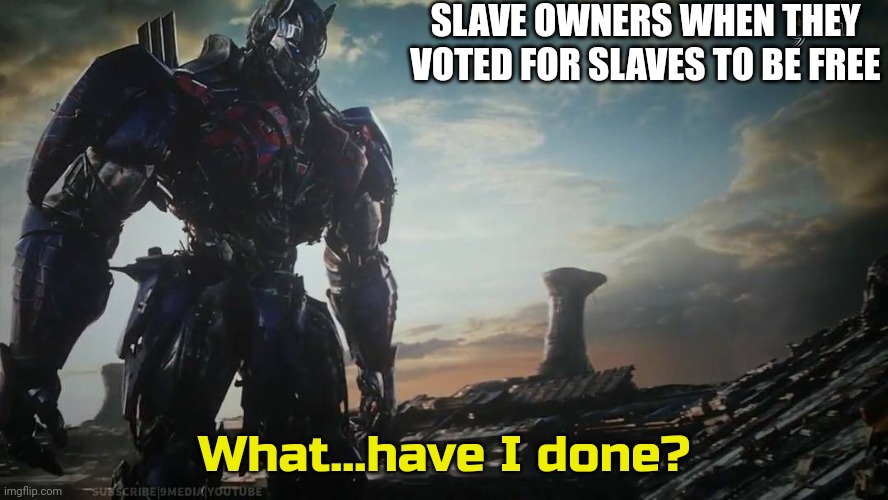 They meant the price | SLAVE OWNERS WHEN THEY VOTED FOR SLAVES TO BE FREE | image tagged in optimus prime what have i done | made w/ Imgflip meme maker