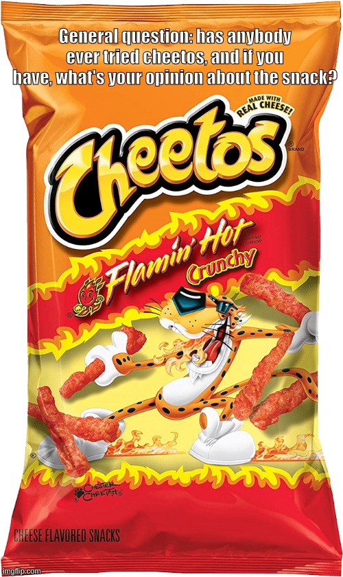 Ive never tried cheetos | General question: has anybody ever tried cheetos, and if you have, what's your opinion about the snack? | image tagged in hot flamin cheetos | made w/ Imgflip meme maker