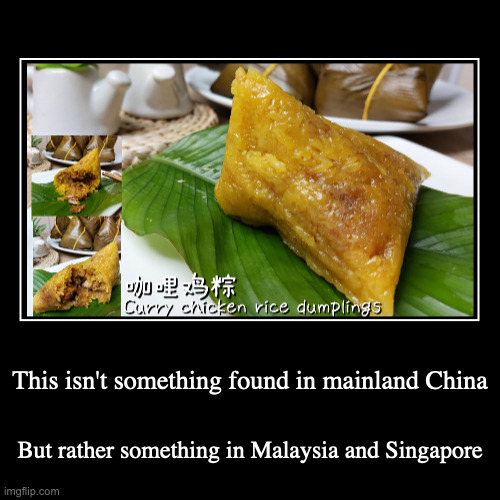 Curry Rice Dumpling | This isn't something found in mainland China | But rather something in Malaysia and Singapore | image tagged in demotivationals,food | made w/ Imgflip demotivational maker