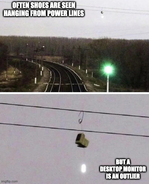 Computer Monitor on a Power Line | OFTEN SHOES ARE SEEN HANGING FROM POWER LINES; BUT A DESKTOP MONITOR IS AN OUTLIER | image tagged in computer,memes | made w/ Imgflip meme maker