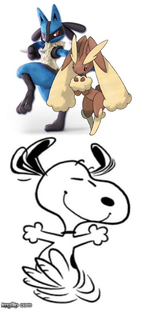 Snoopy is a huge fan of Lucario and Lopunny | image tagged in snoopy's happy dance,pokemon | made w/ Imgflip meme maker