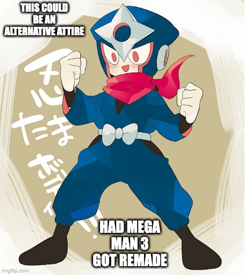 Shadow Man in Ninja Suit | THIS COULD BE AN ALTERNATIVE ATTIRE; HAD MEGA MAN 3 GOT REMADE | image tagged in shadowman,megaman,memes | made w/ Imgflip meme maker
