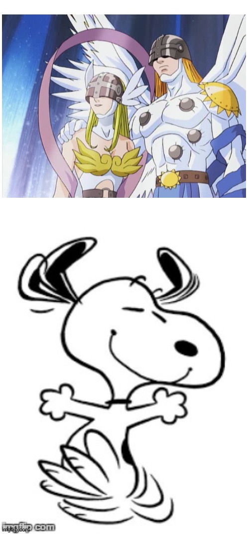 Snoopy is a huge fan of Angemon and Angewomon | image tagged in snoopy's happy dance | made w/ Imgflip meme maker