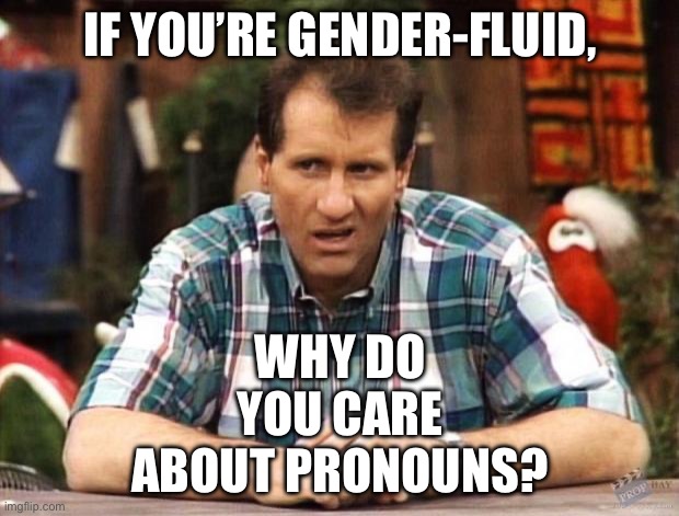 Pronouns | IF YOU’RE GENDER-FLUID, WHY DO YOU CARE ABOUT PRONOUNS? | image tagged in al bundy,pronouns,lgbtq,gender identity,gender equality | made w/ Imgflip meme maker