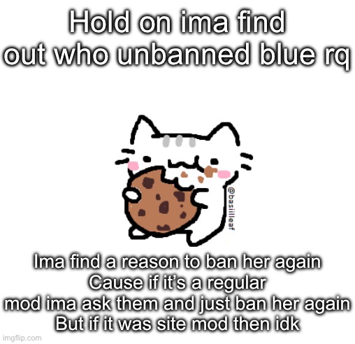 Devious behavior | Hold on ima find out who unbanned blue rq; Ima find a reason to ban her again
Cause if it’s a regular mod ima ask them and just ban her again
But if it was site mod then idk | image tagged in basil | made w/ Imgflip meme maker