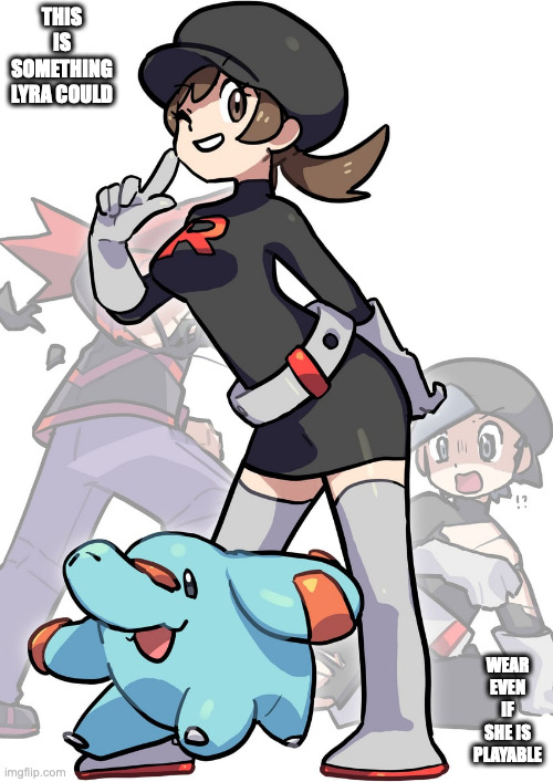 Lyra in Team Rocket Suit | THIS IS SOMETHING LYRA COULD; WEAR EVEN IF SHE IS PLAYABLE | image tagged in lyra,ethan,silver,pokemon,memes | made w/ Imgflip meme maker